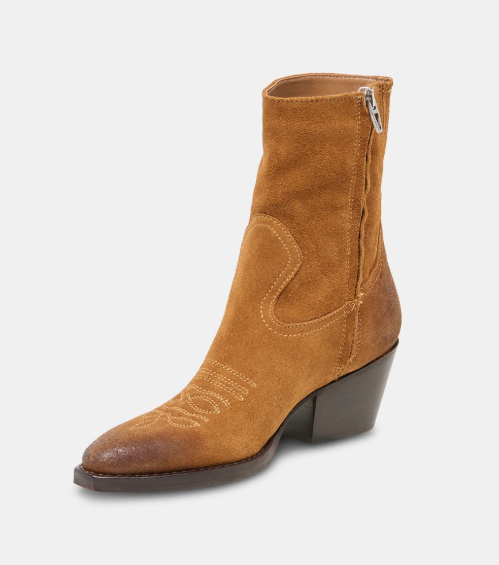 Brown suede ankle boot with a zipper on a white background