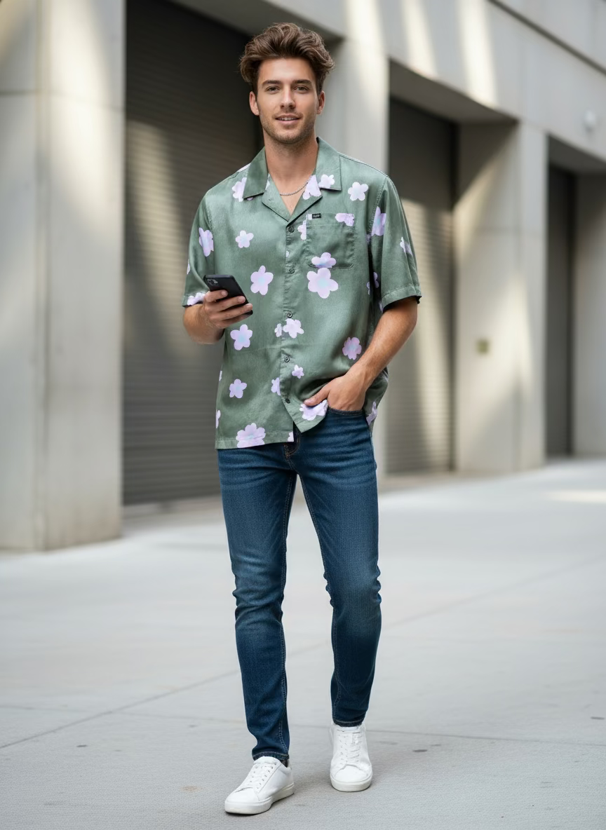 Green shirt with purple floral patterns on a hanger against a white tiled wall.