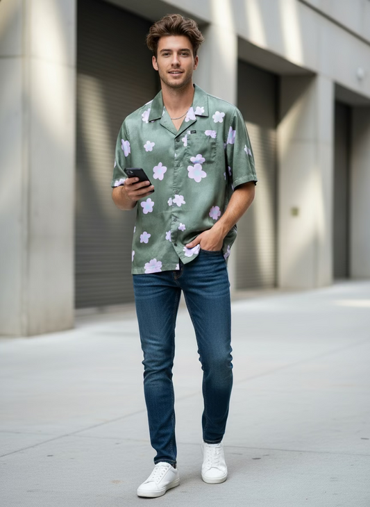 Green shirt with purple floral patterns on a hanger against a white tiled wall.
