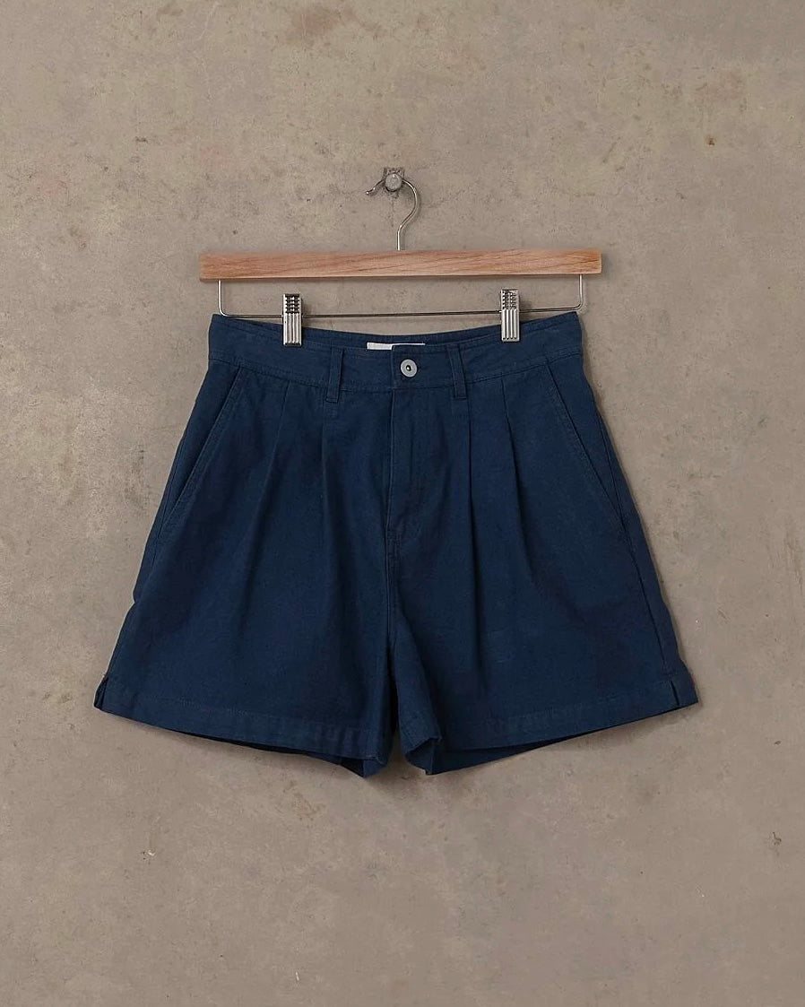 Dark Blue Double Pleated Twill Shorts