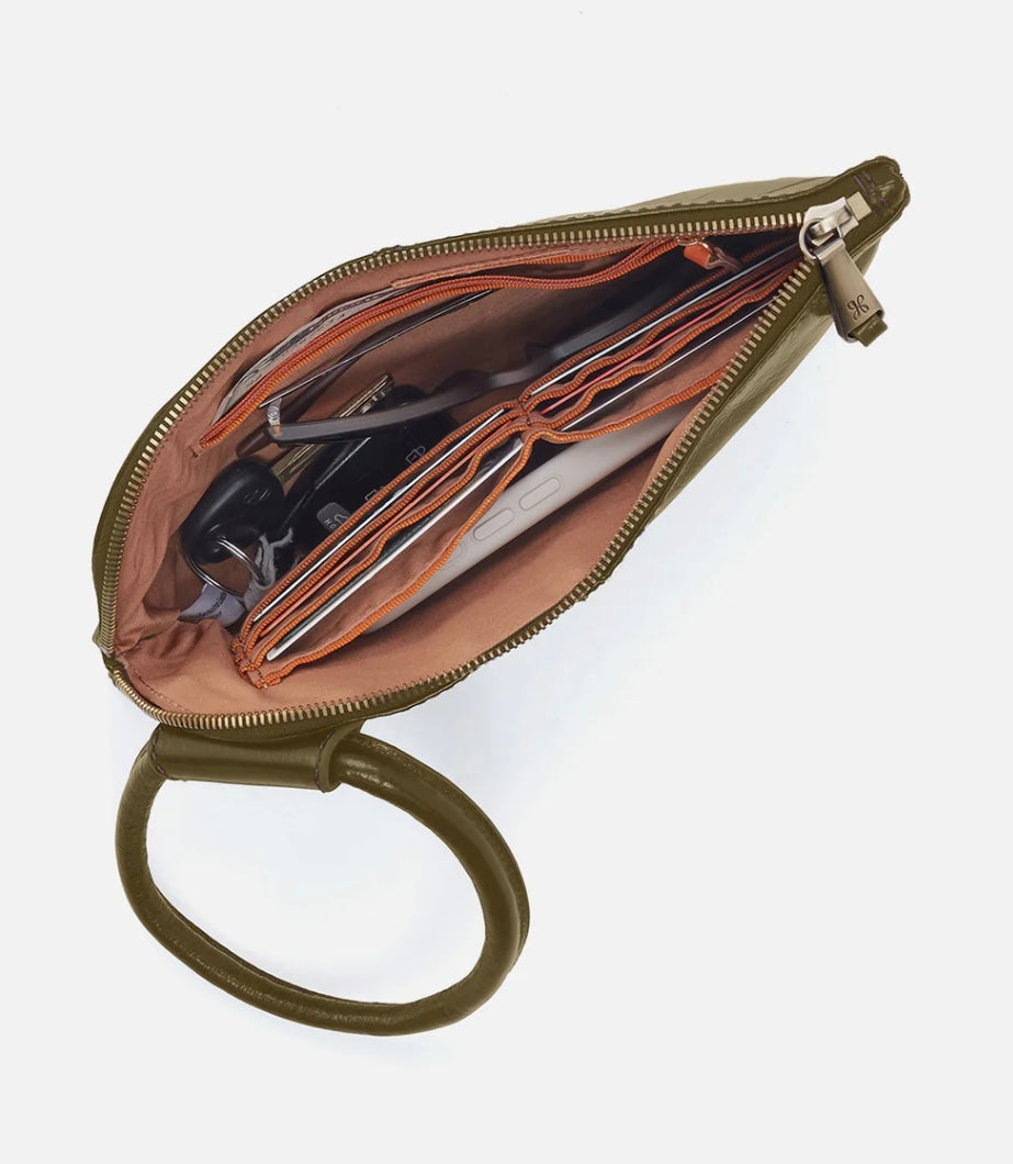 Open olive green pouch with a keyring on a white background