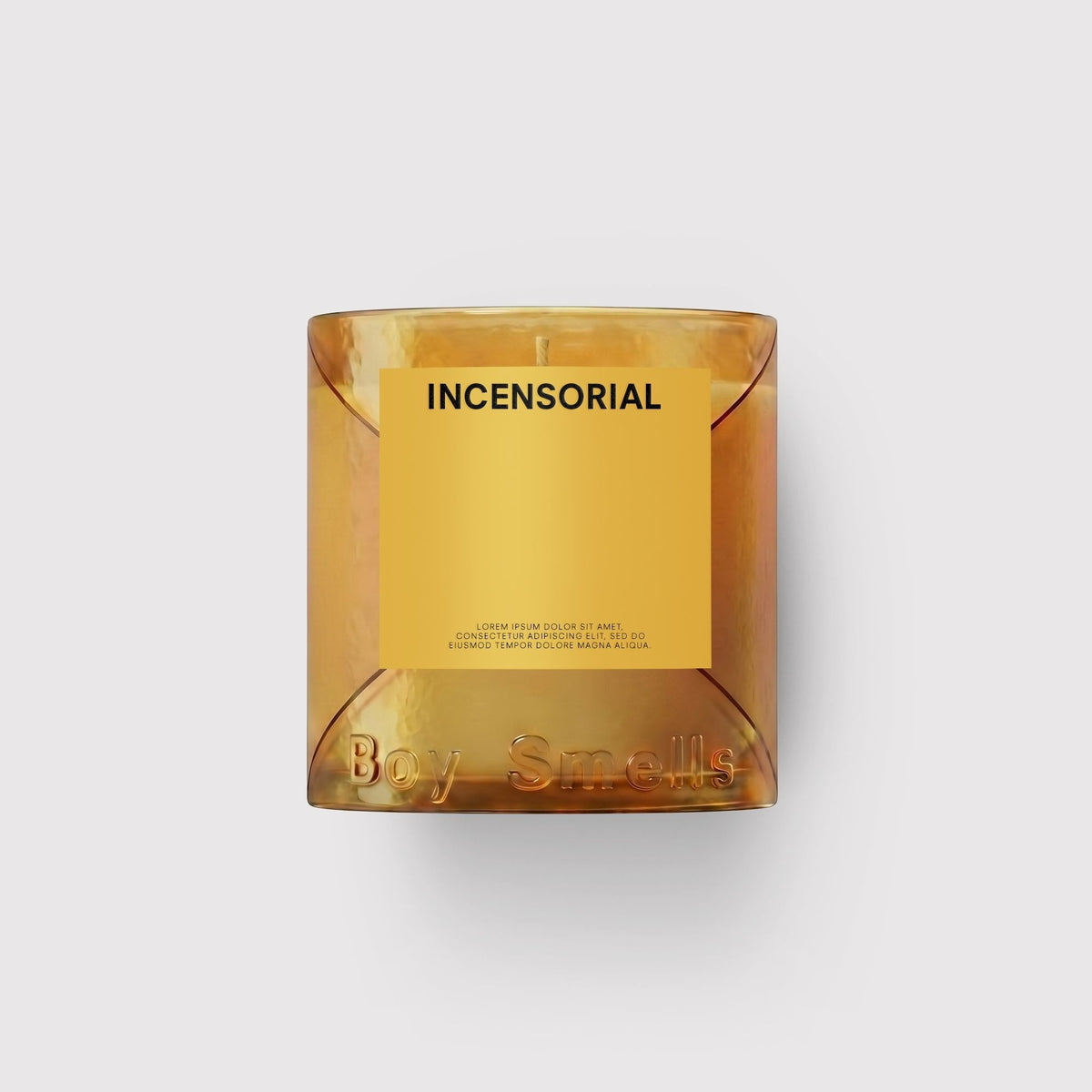 Candle in a transparent amber holder with 'INCENSORIAL' branding on a light gray background