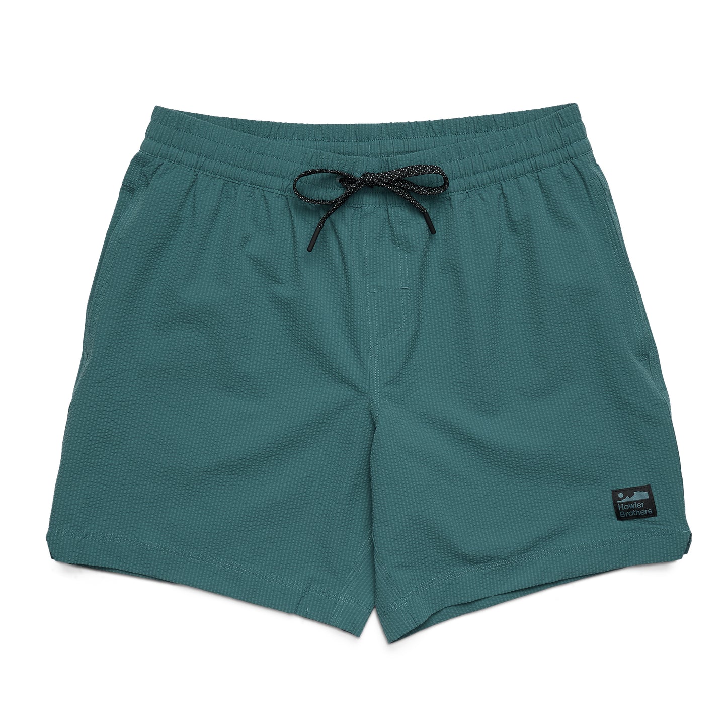 Teal shorts with a drawstring on a white background