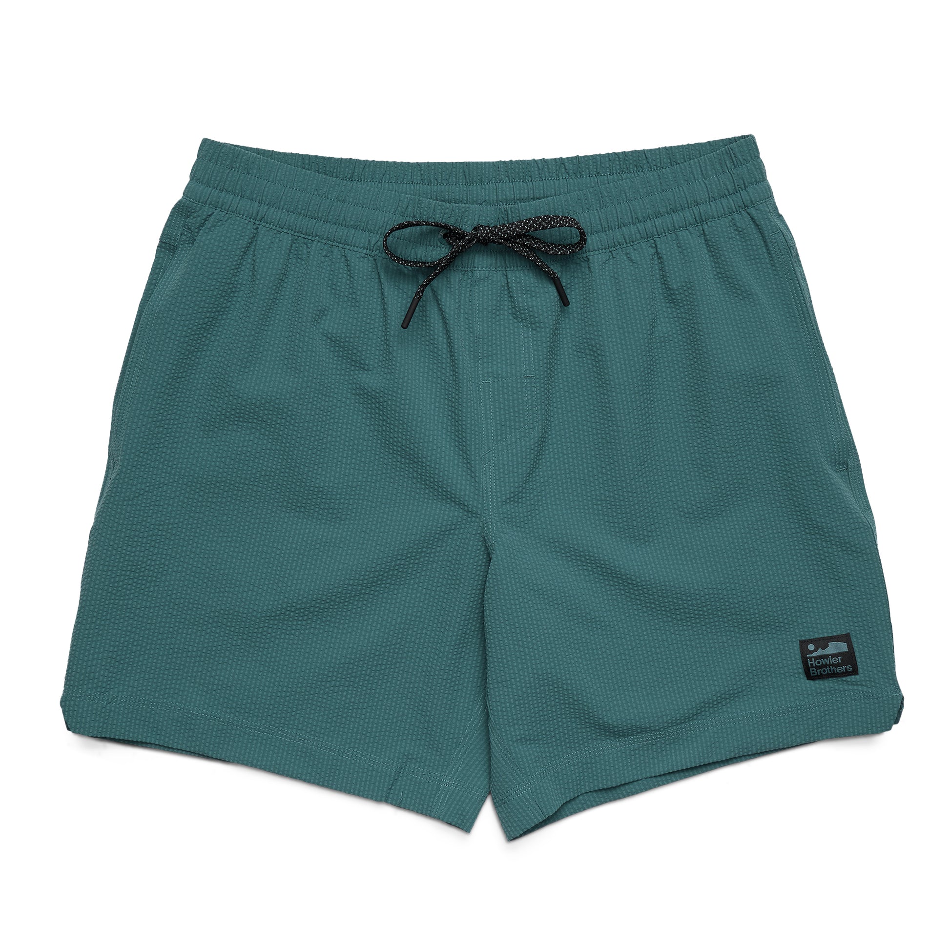 Teal shorts with a drawstring on a white background