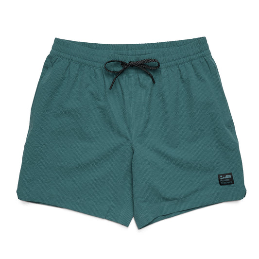 Teal shorts with a drawstring on a white background