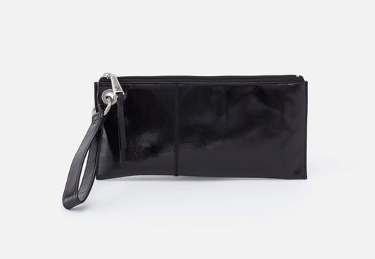 Black clutch bag with a wrist strap on a white background