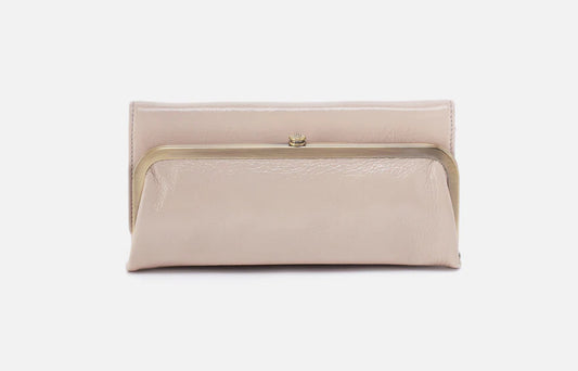 Beige clutch bag with gold clasp on a white background