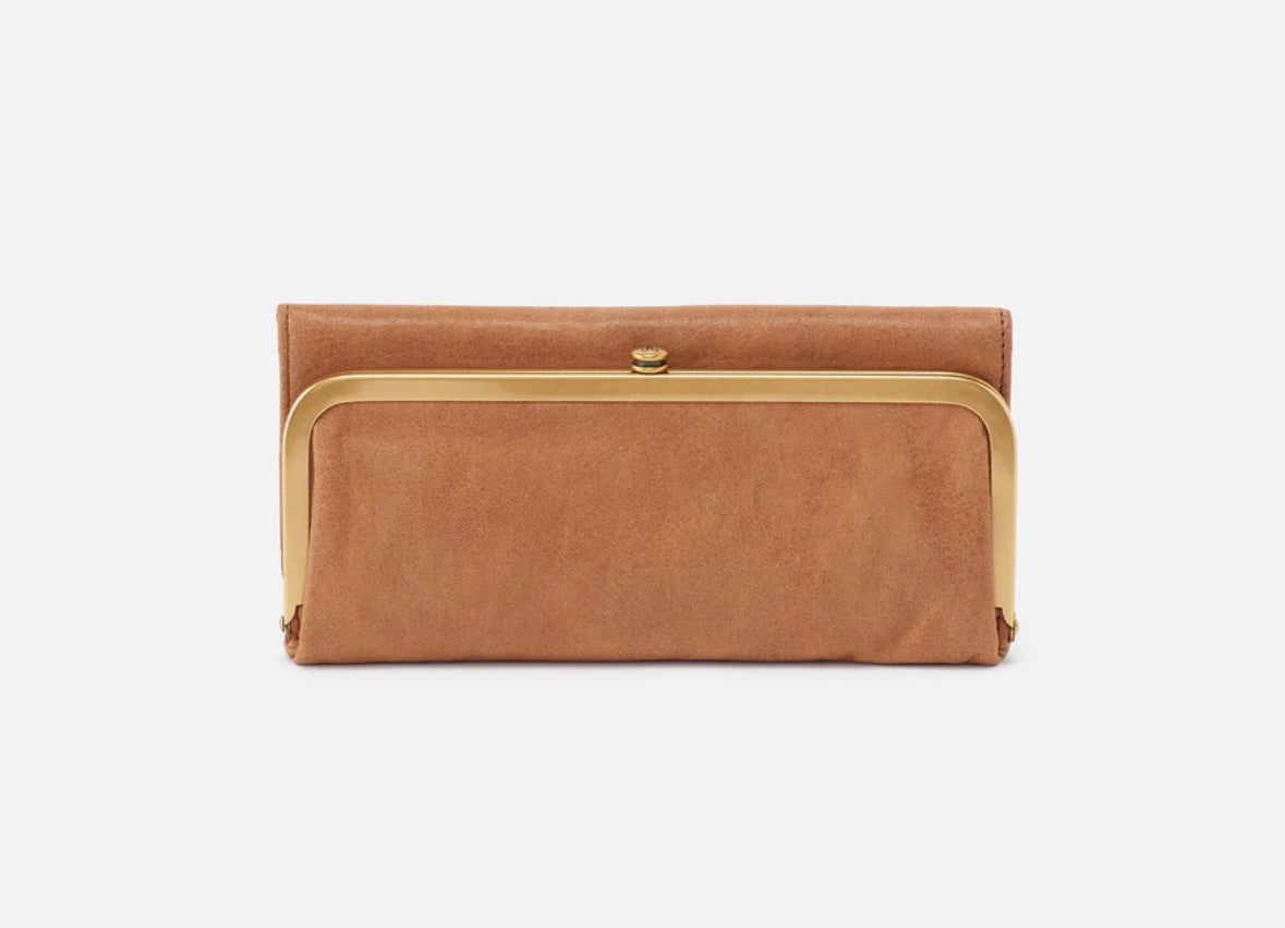 Brown clutch bag with gold frame on a white background