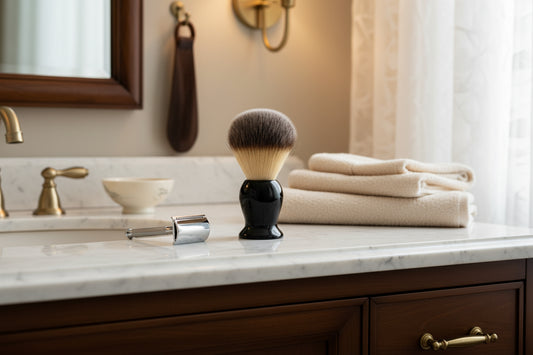 Shaving brush with black handle and brown bristles on a white background