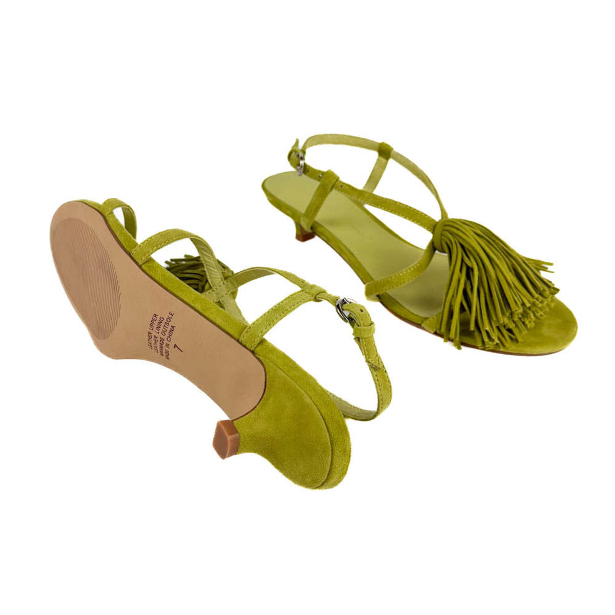 Pair of green sandals with tassels on a white background