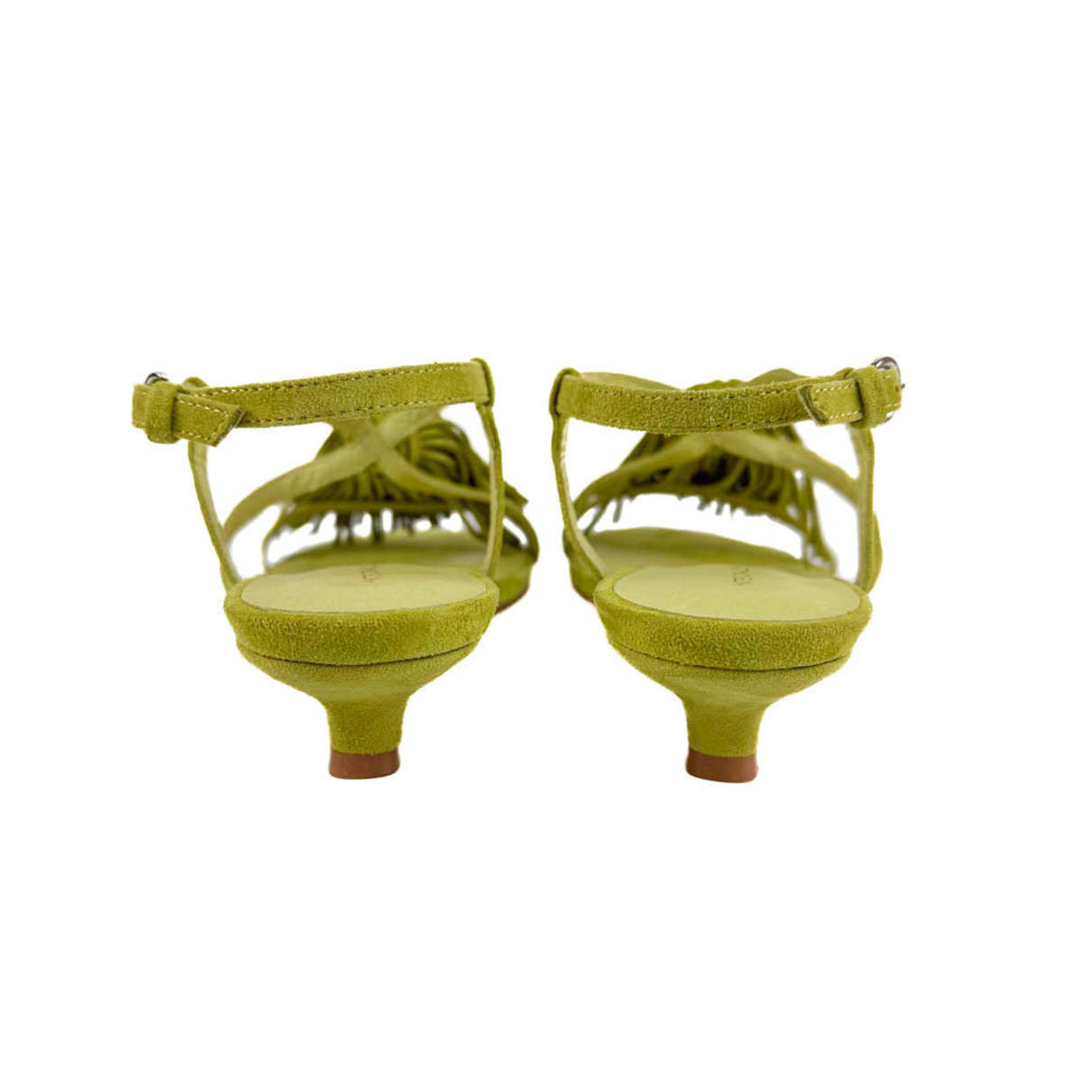 Pair of green sandals with thin straps on a white background