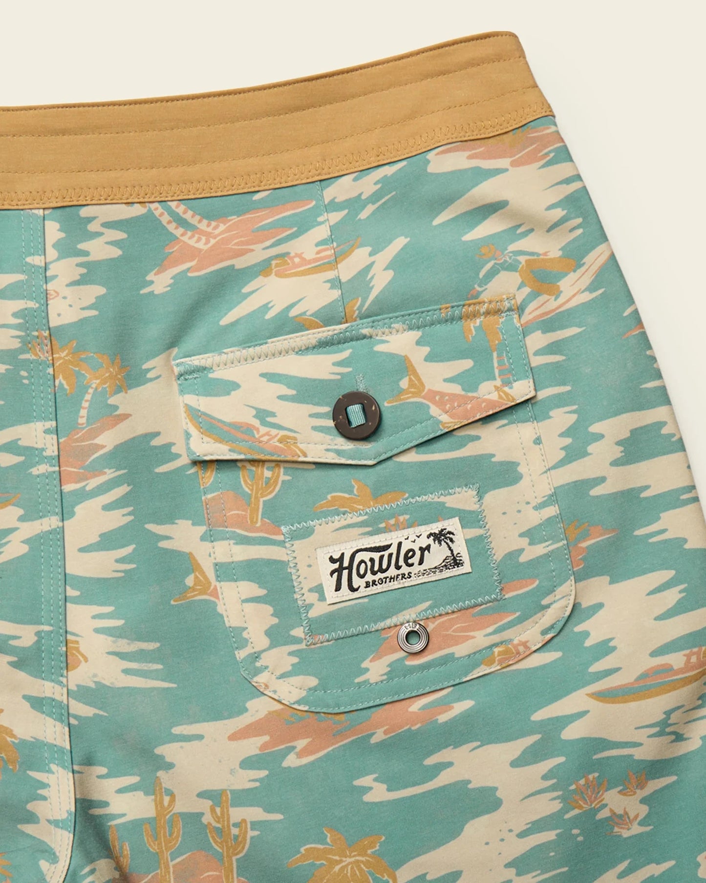 Patterned shorts with a visible brand logo on a white background