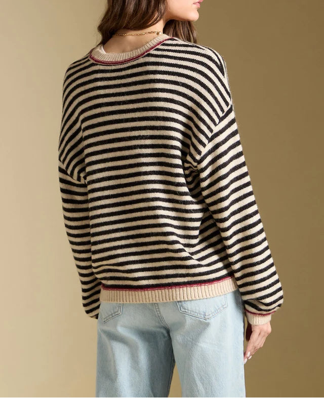 A woman shown from the back wearing a cream and black horizontally striped knit sweater with ribbed trim, paired with light blue jeans, against a solid beige background.