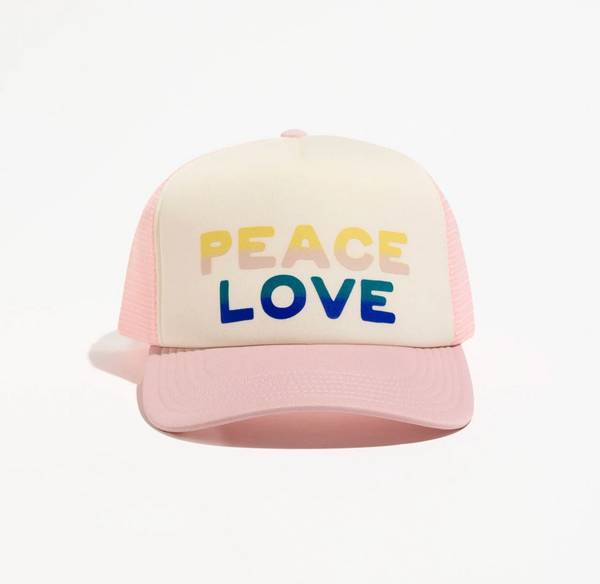 Pink and beige cap with 'PEACE LOVE' text on a white background