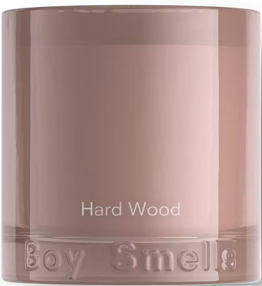 Candle container labeled 'Hard Wood' by 'Boy Smells' on a white background