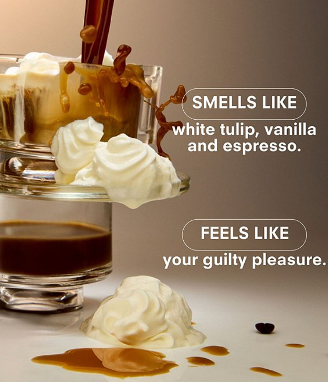 Glass of coffee with whipped cream and chocolate drizzle, text describing aroma and feeling.