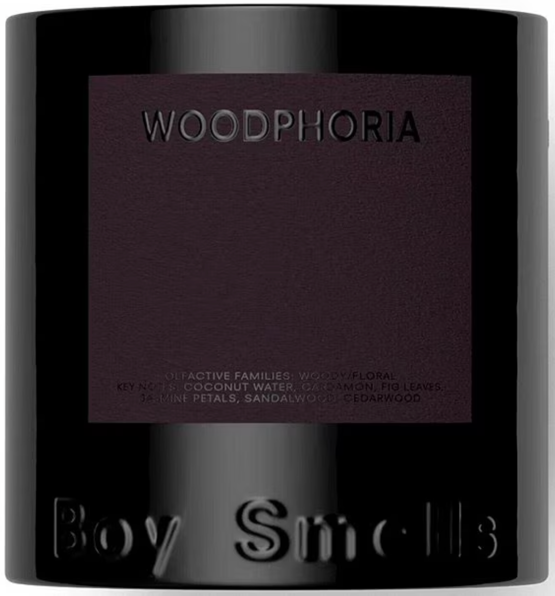 Black container with 'Woodphoria' and 'Boy Smells' branding on a white background