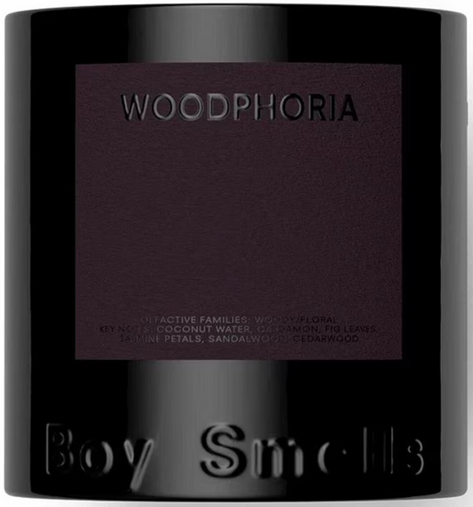 Black container with 'Woodphoria' and 'Boy Smells' branding on a white background