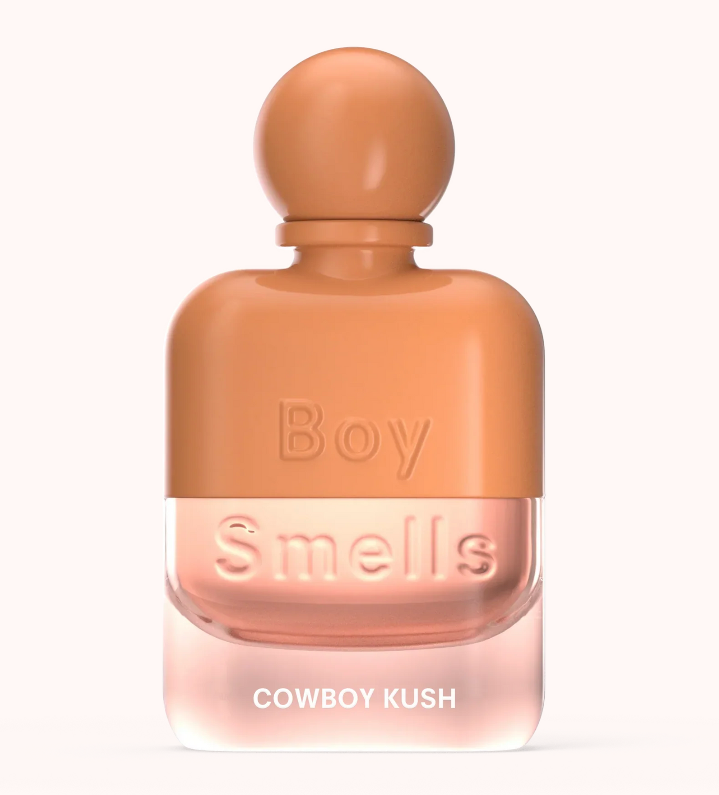 Perfume bottle labeled 'Boy Smells Cowboy Kush' on a white background