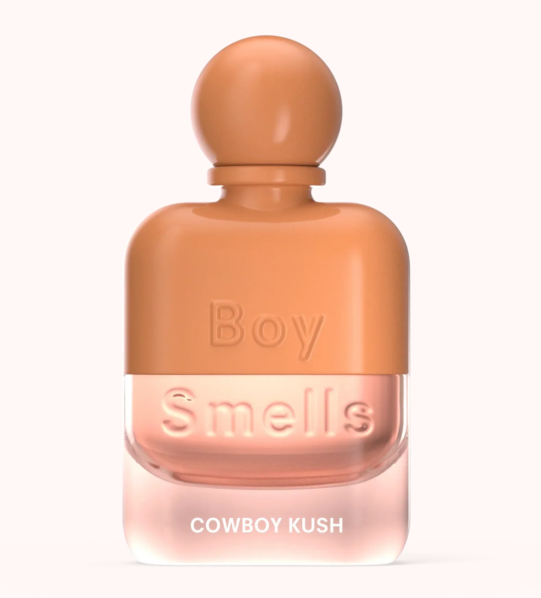 Perfume bottle labeled 'Boy Smells Cowboy Kush' on a white background
