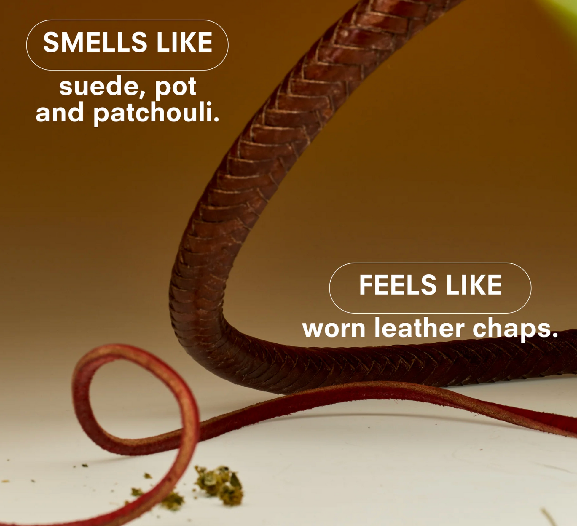 Coiled brown leather with text describing its scent and texture.
