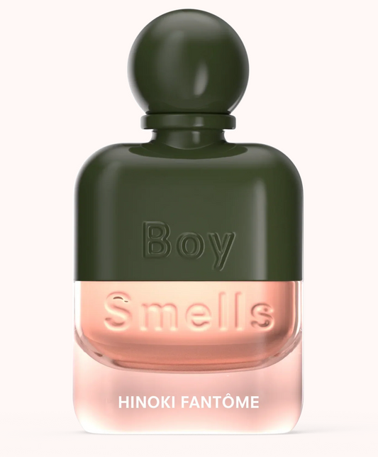 Perfume bottle labeled 'Boy Smells' with 'Hinoki Fantome' on a white background