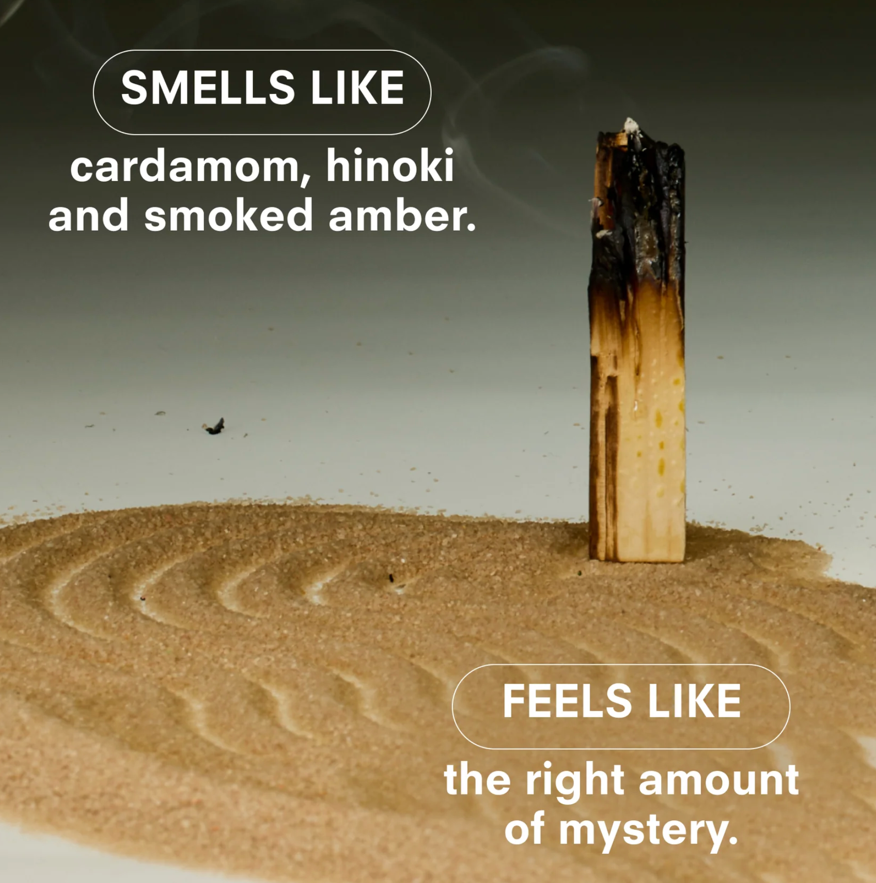Wooden incense stick on sand with descriptive text about its aroma and feel.