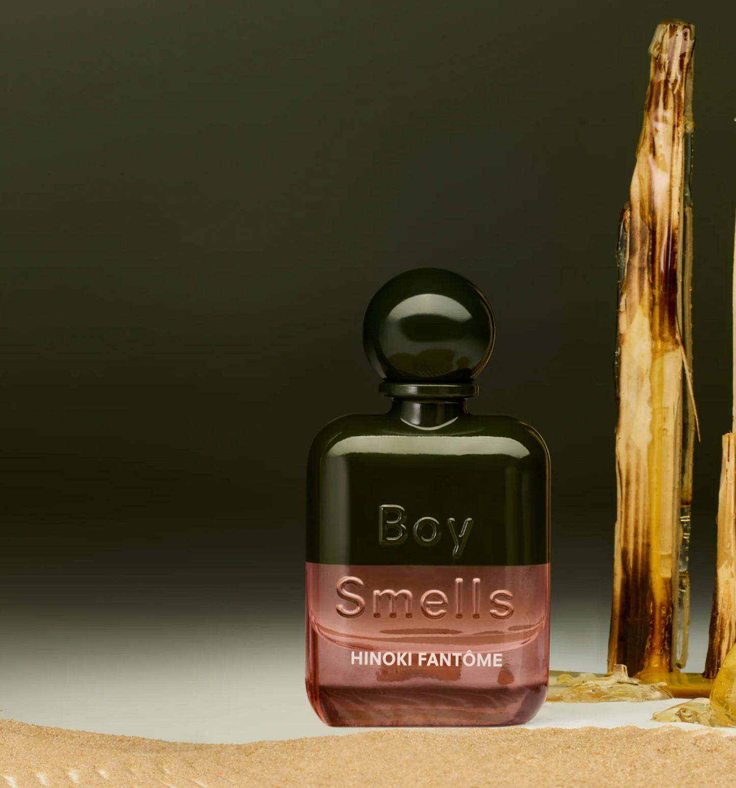 Perfume bottle labeled 'Boy Smells Hinoki Fantome' with a dark background