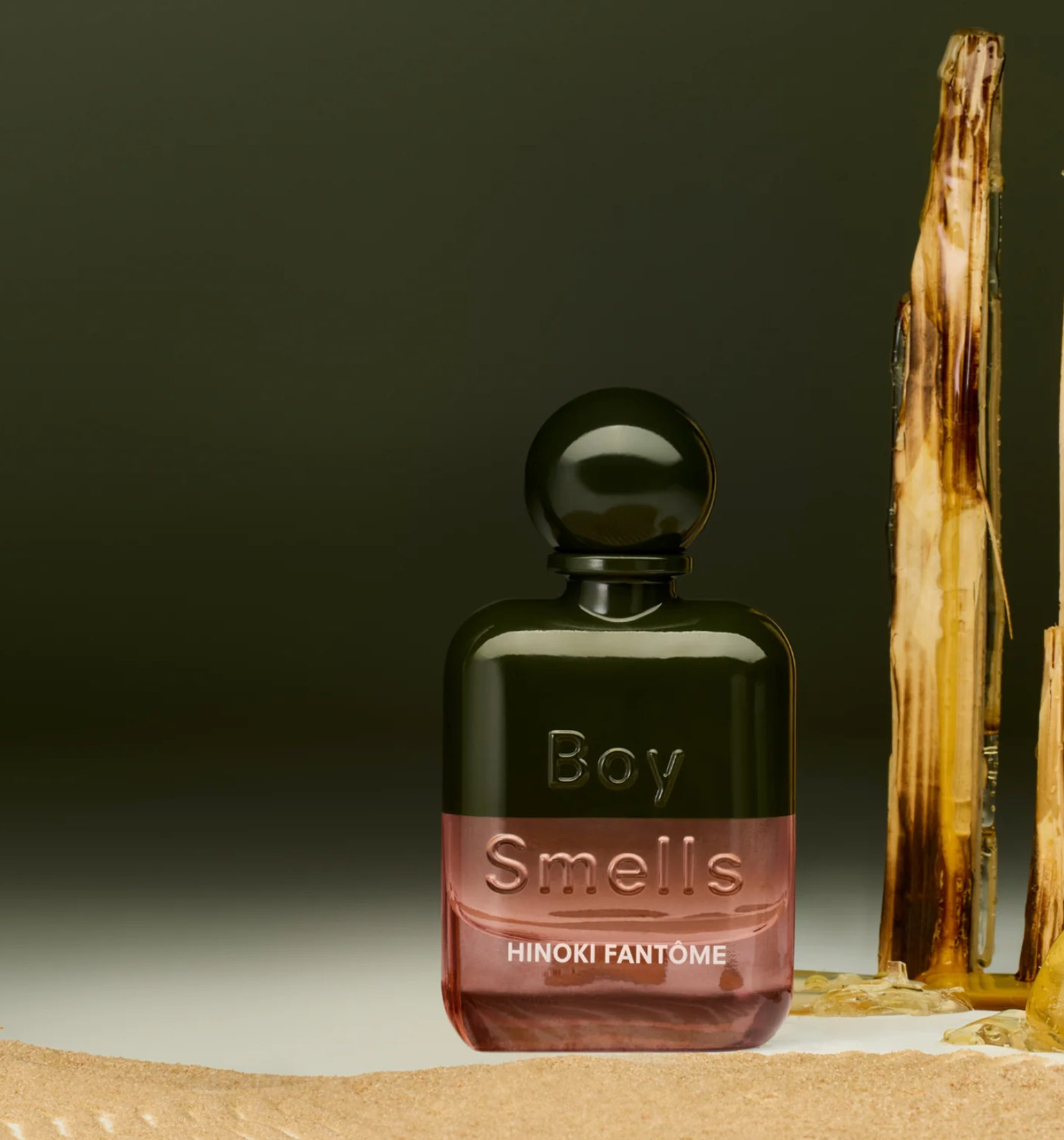 Perfume bottle labeled 'Boy Smells Hinoki Fantome' with a dark background