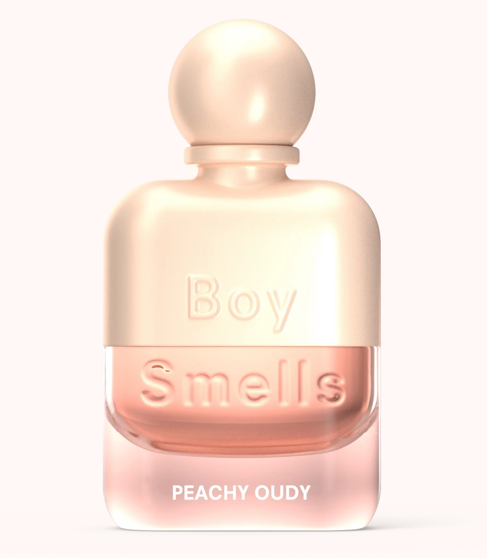 Perfume bottle labeled 'Boy Smells Peachy Oudy' on a white background