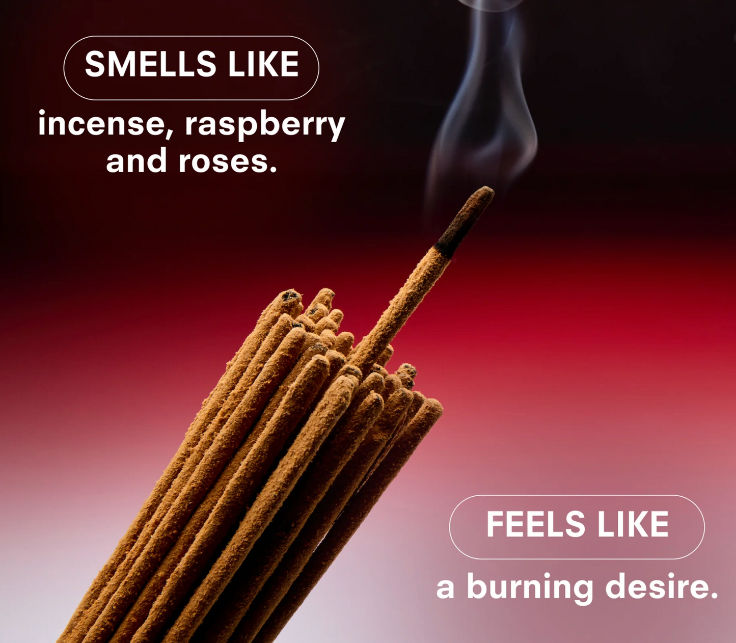 Incense sticks with smoke against a dark background, labeled with fragrance description.