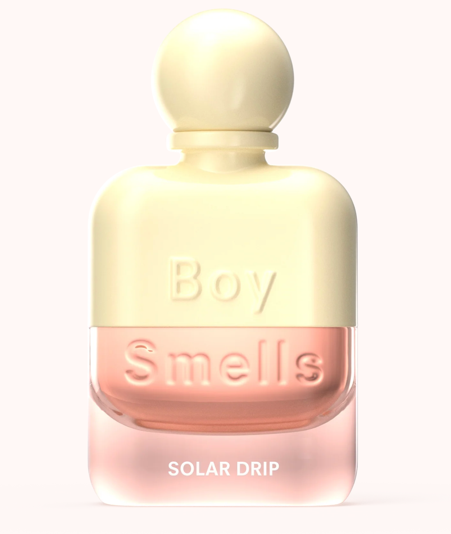 Perfume bottle labeled 'Boy Smells Solar Drip' on a white background