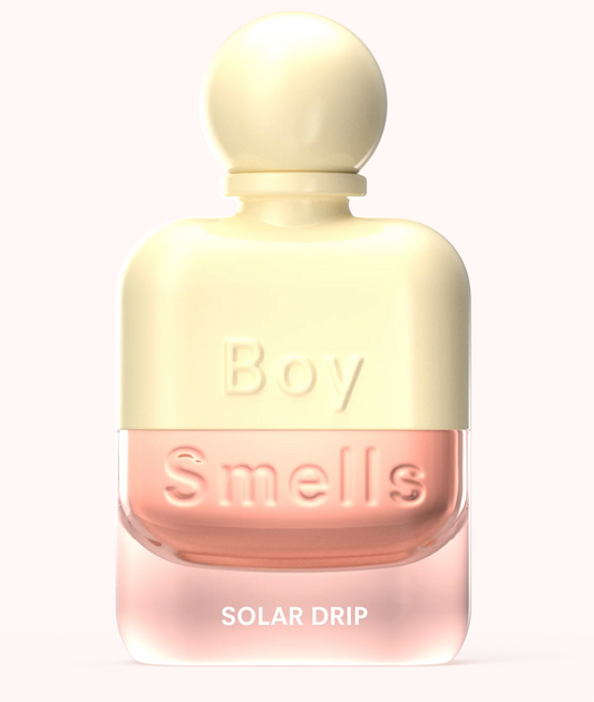 Perfume bottle labeled 'Boy Smells Solar Drip' on a white background