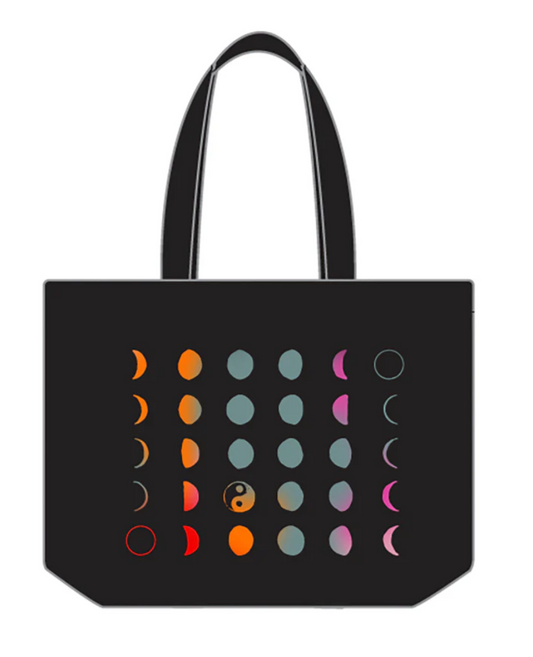 Black tote bag with colorful moon phase design on a white background
