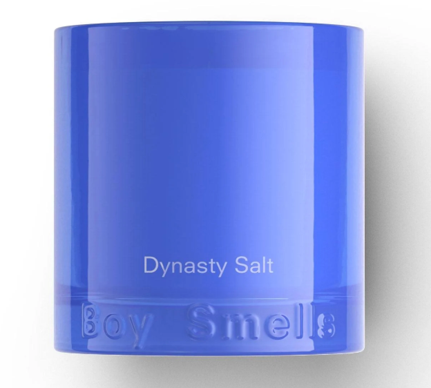 Blue container labeled 'Dynasty Salt' by 'Boy Smells' on a white background