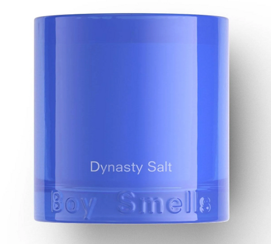 Blue container labeled 'Dynasty Salt' by 'Boy Smells' on a white background