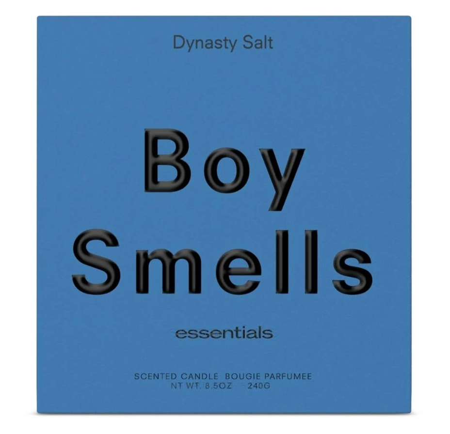 Blue packaging of 'Boy Smells' scented candle by Dynasty Salt on a white background