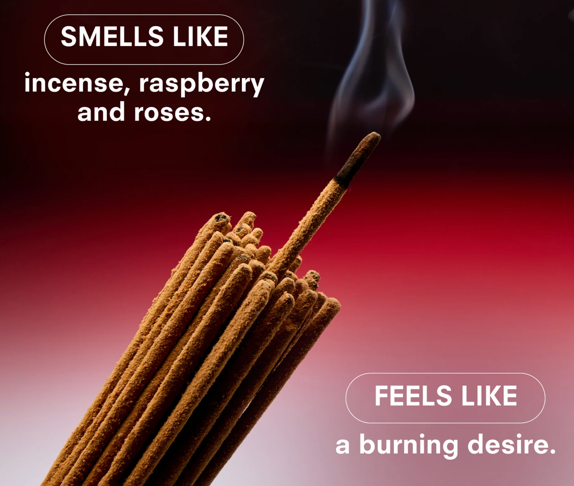 Incense sticks with smoke against a dark background, labeled 'Smells like incense, raspberry and roses.'