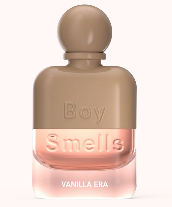 Perfume bottle labeled 'Boy Smells Vanilla Era' on a white background