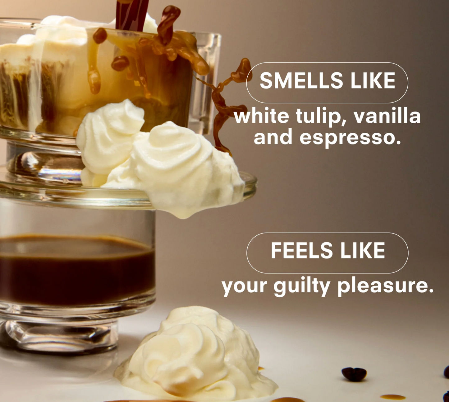 Glass of coffee with whipped cream and chocolate sauce, text describing aroma and feeling.