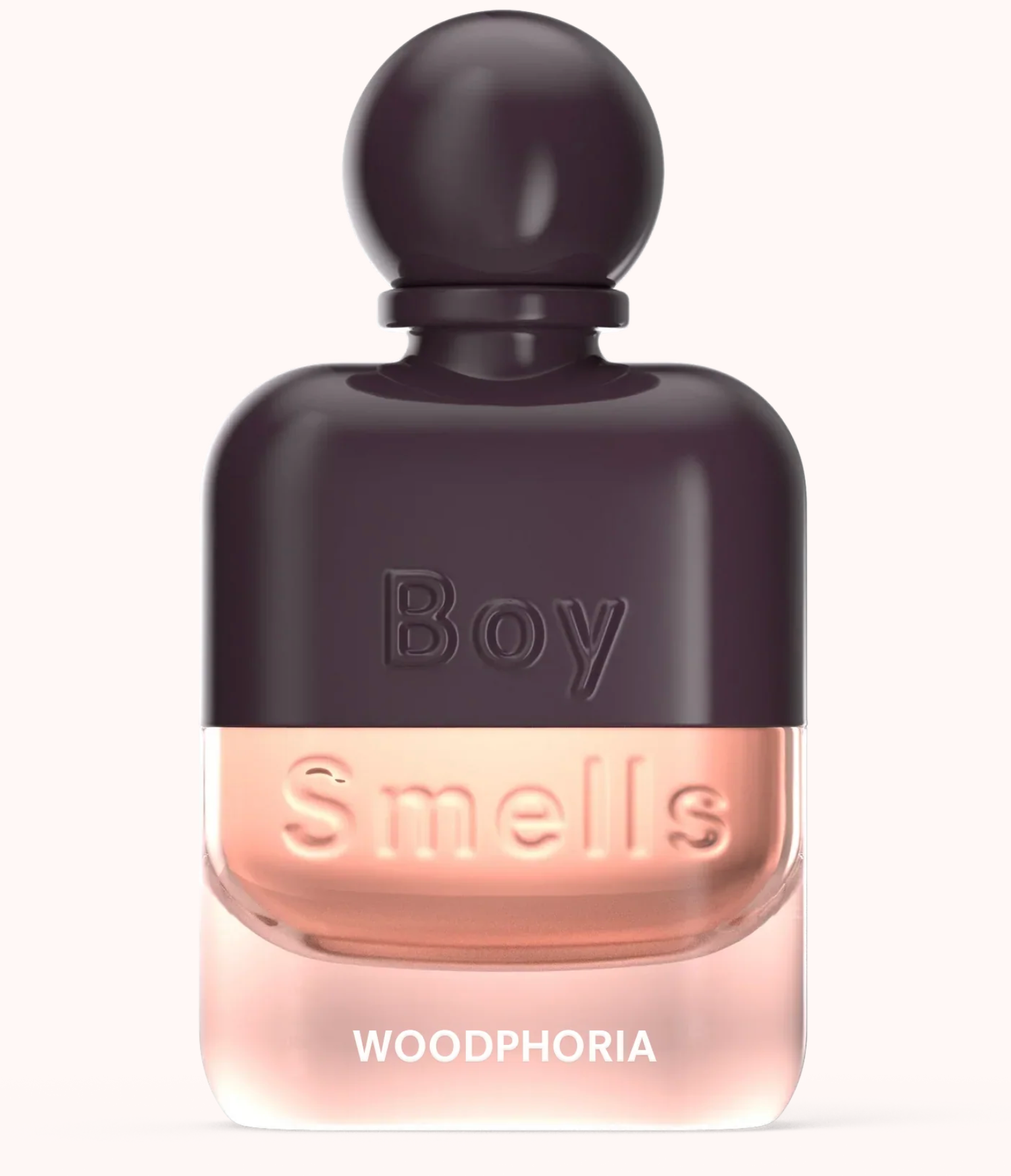 Perfume bottle labeled 'Boy Smells Woodphoria' on a white background