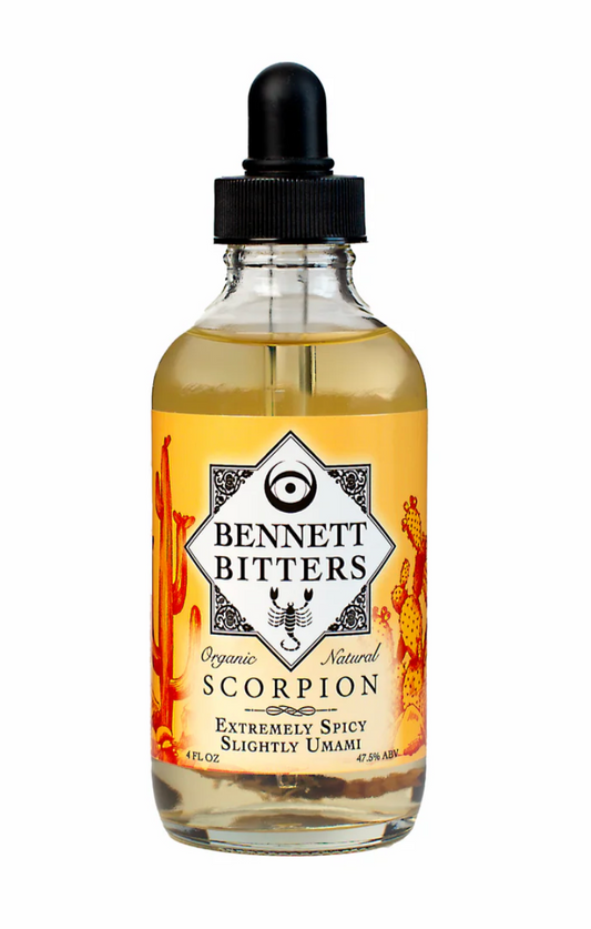 Bottle of Bennett Bitters Scorpion on a white background