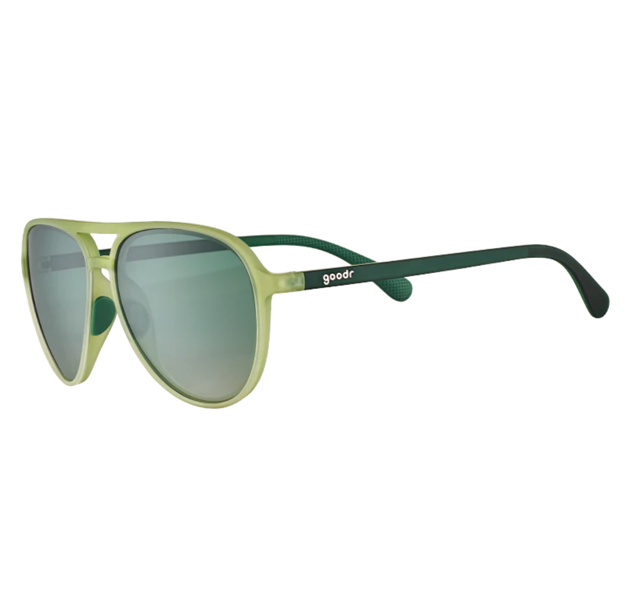 Green sunglasses with a brand logo on a white background