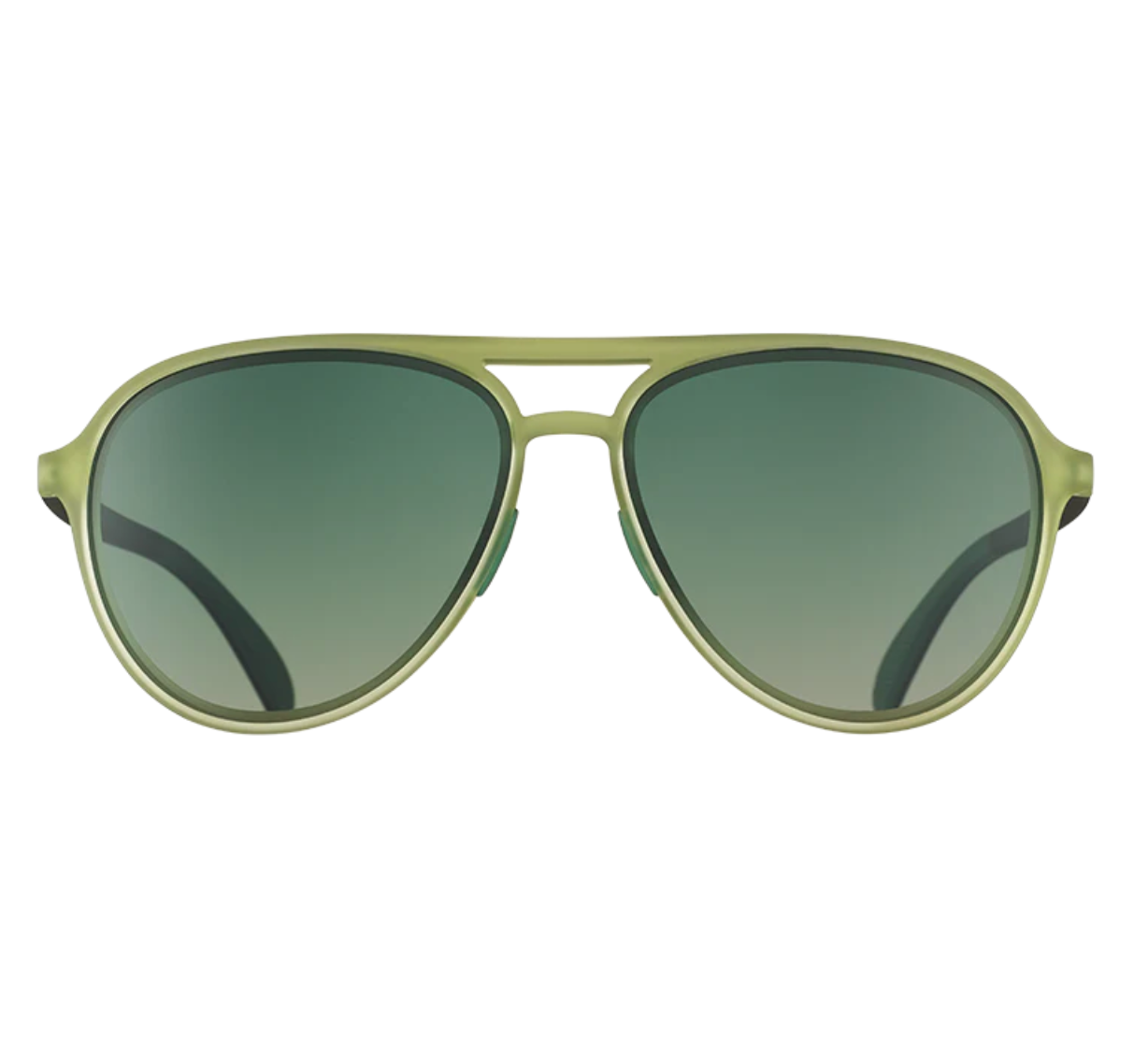 Aviator sunglasses with green gradient lenses on a white background