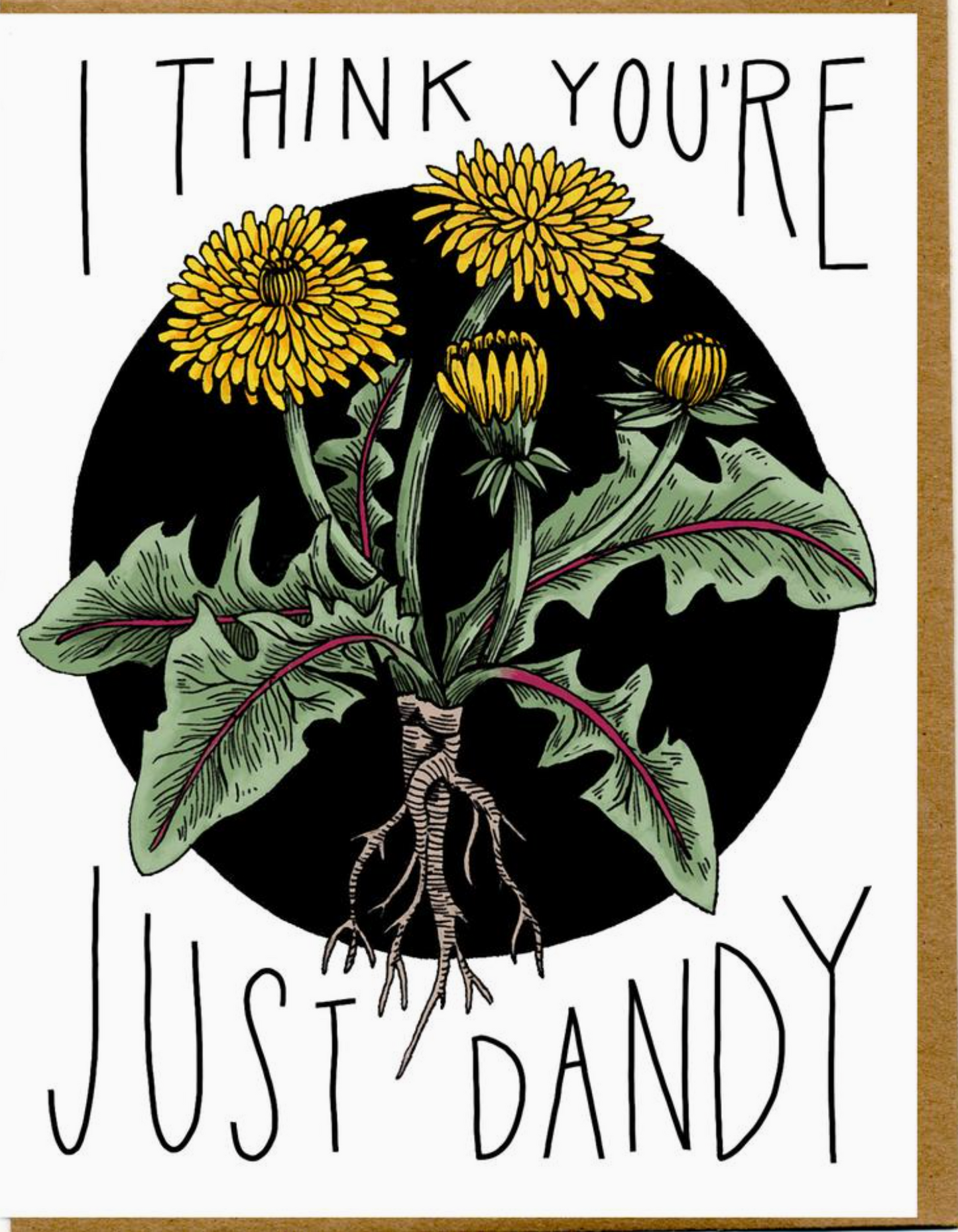 Card with dandelion illustration and text 'I think you're just dandy' on a white background.