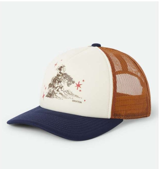 Trucker hat with brown mesh back, white front panel, and navy brim on a light gray background