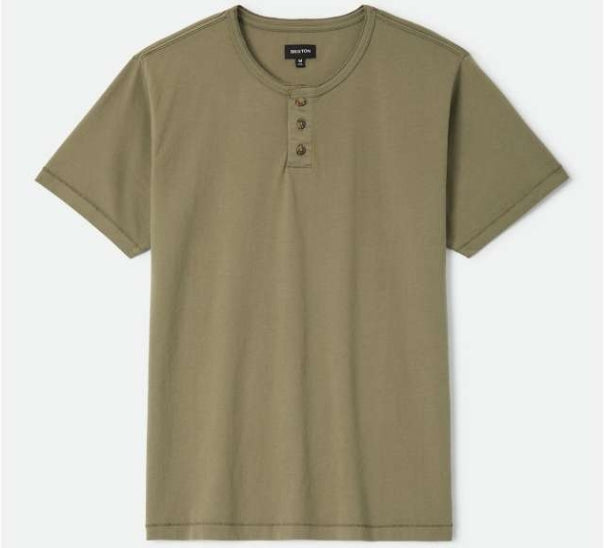 Olive green henley shirt on a white background