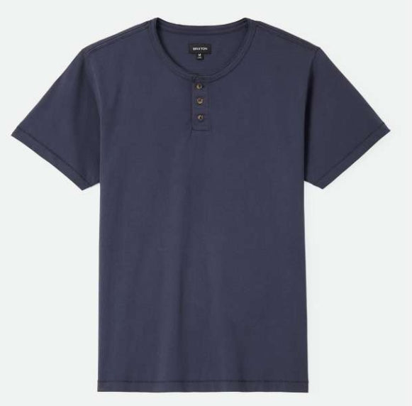Navy blue henley shirt on a light gray background