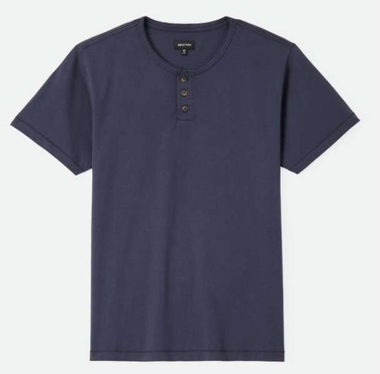 Navy blue henley shirt on a light gray background