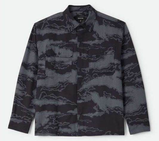 Black and gray camouflage long-sleeve shirt on a white background
